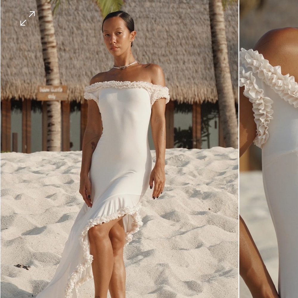 Meshki “Arielle” off shoulder Ruffle Midi Dress - Ivory